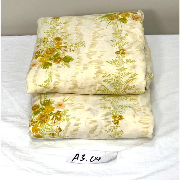 Vtg 70s Full Sheets Flat Fitted 2 Piece Set Green Gold Floral Bouquet Cottage - Picture 8 of 8